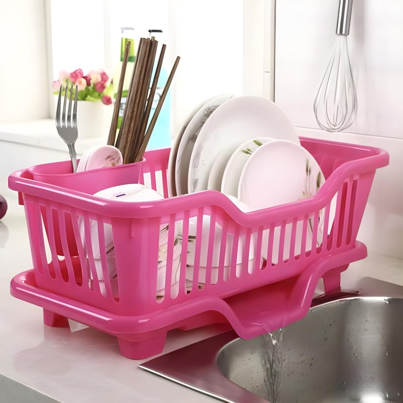Homeor Houshe 3 In 1 Durable Plastic Kitchen Sink, Large Dish Rack Drainer, Drying Rack Washing Basket With Tray For Kitchen, Dishrack Organizers, Utensils Drainer, Pink, 300X440X150 mm - Image 1