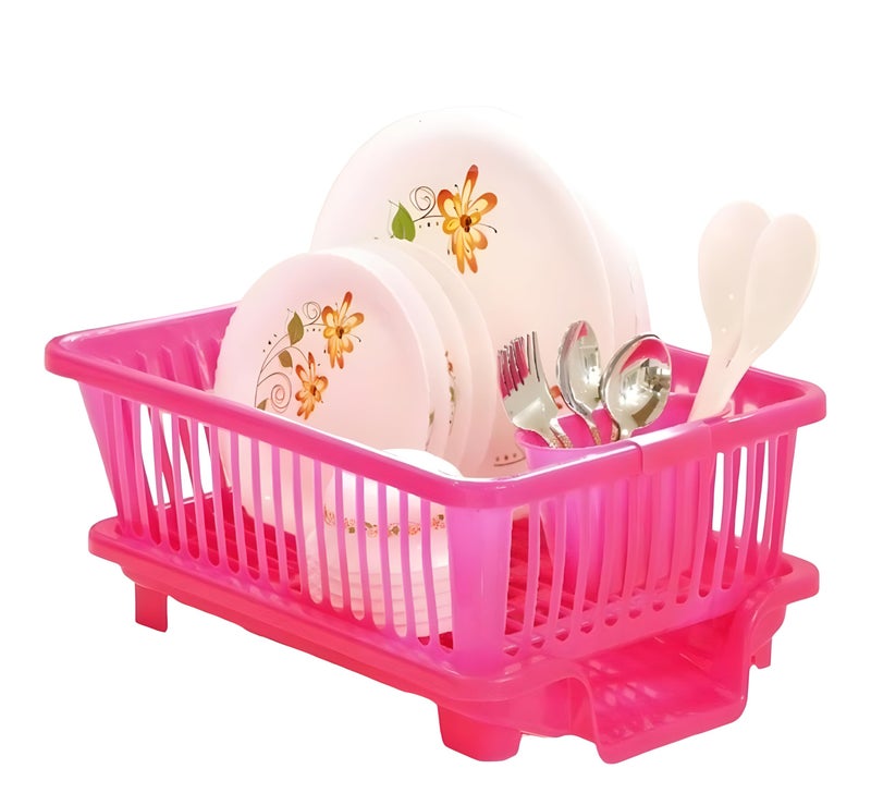 Homeor Houshe 3 In 1 Durable Plastic Kitchen Sink, Large Dish Rack Drainer, Drying Rack Washing Basket With Tray For Kitchen, Dishrack Organizers, Utensils Drainer, Pink, 300X440X150 mm - Image 4