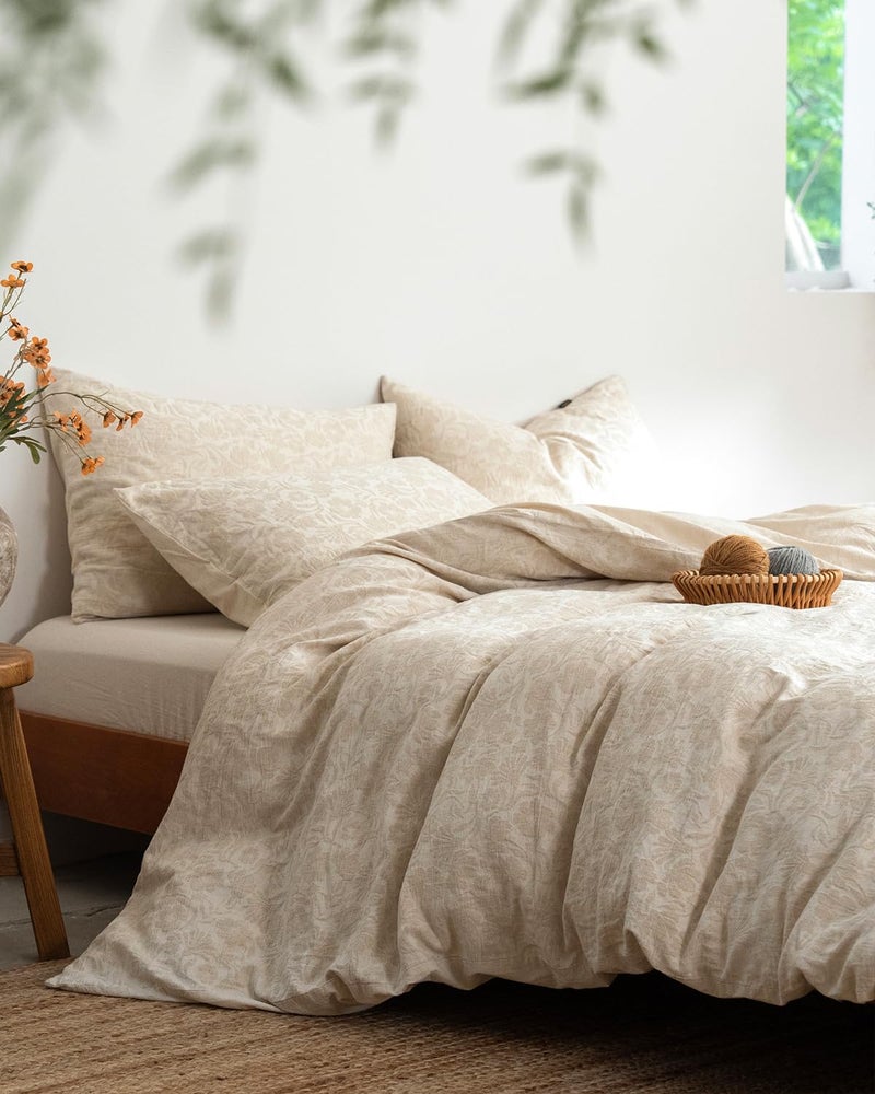 MILDLY Linen Cotton Duvet Cover - Jacquard Textured Paisley Comforter Cover Set 3pcs with Zipper Closure Breathable & Minimalist for All Season - Image 1