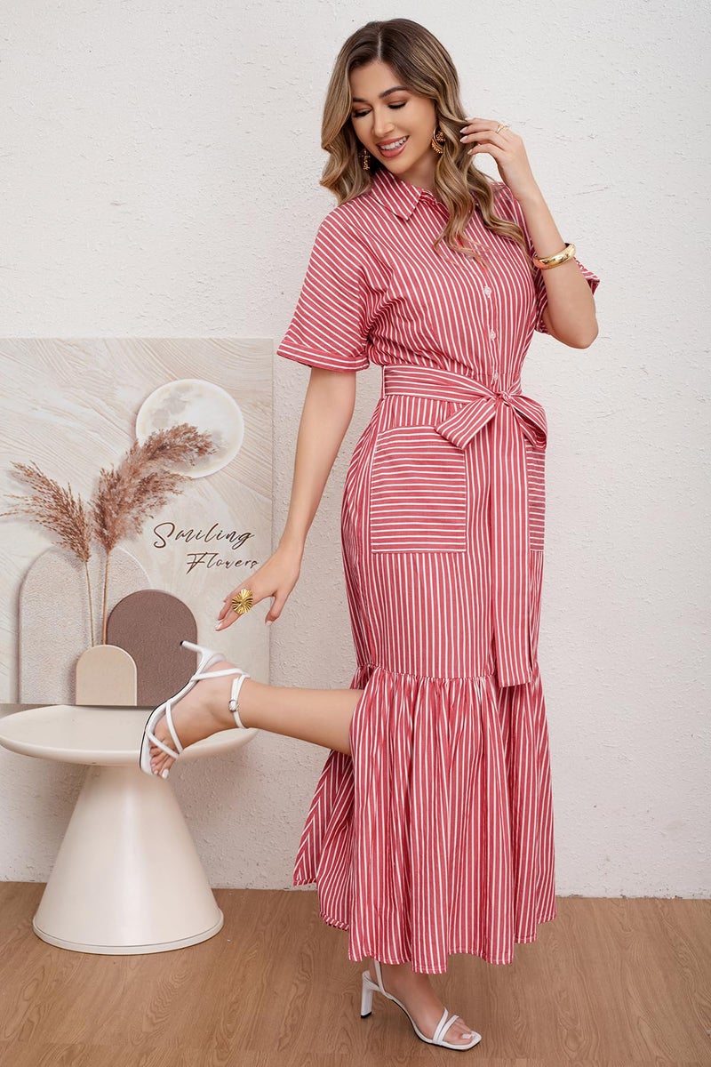 utcoco Women's 2025 Summer Casual Striped Button Down Maxi Dress Tie Waist Short Sleeve Shirt Dress with Pockets (Large, Red) - Image 4