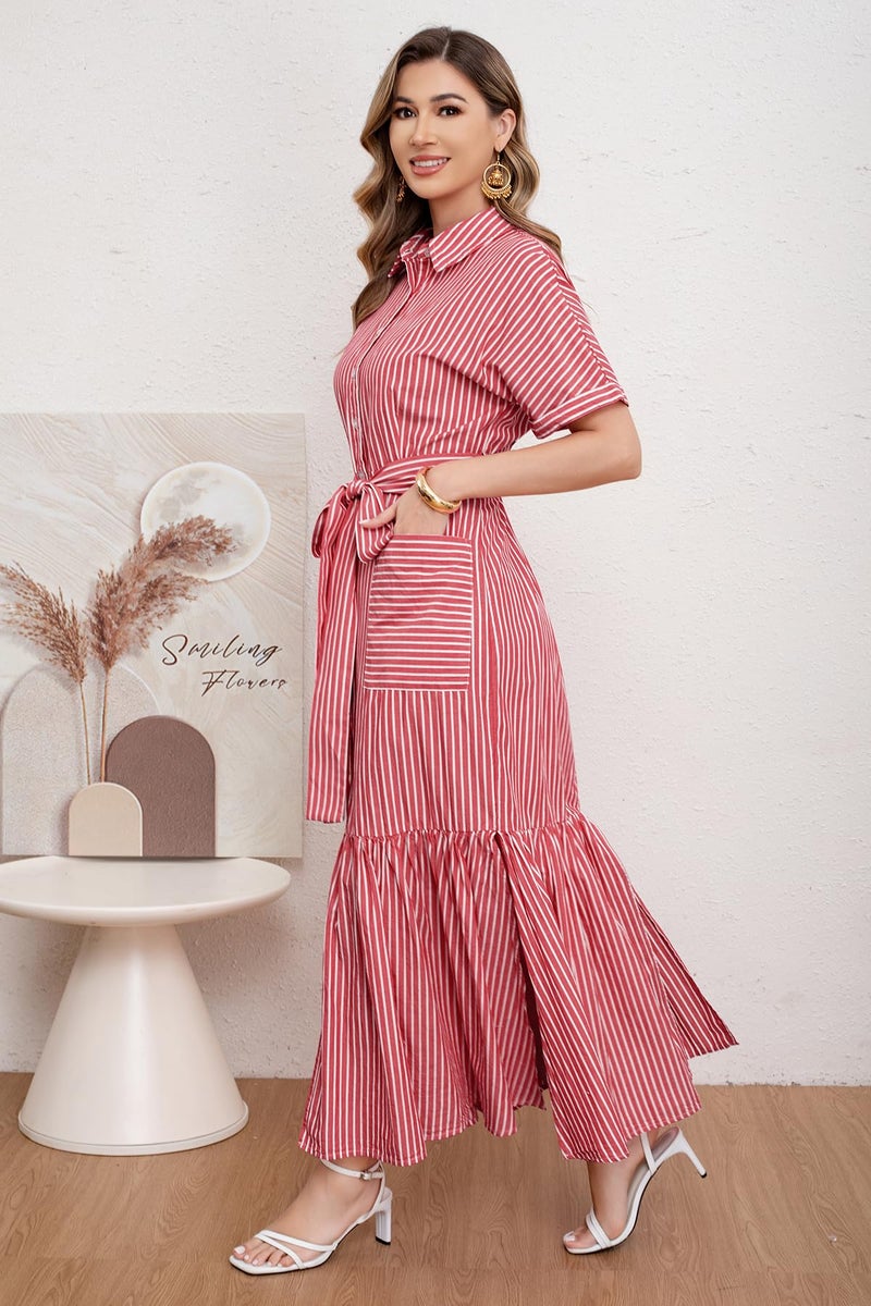utcoco Women's 2025 Summer Casual Striped Button Down Maxi Dress Tie Waist Short Sleeve Shirt Dress with Pockets (Large, Red) - Image 3
