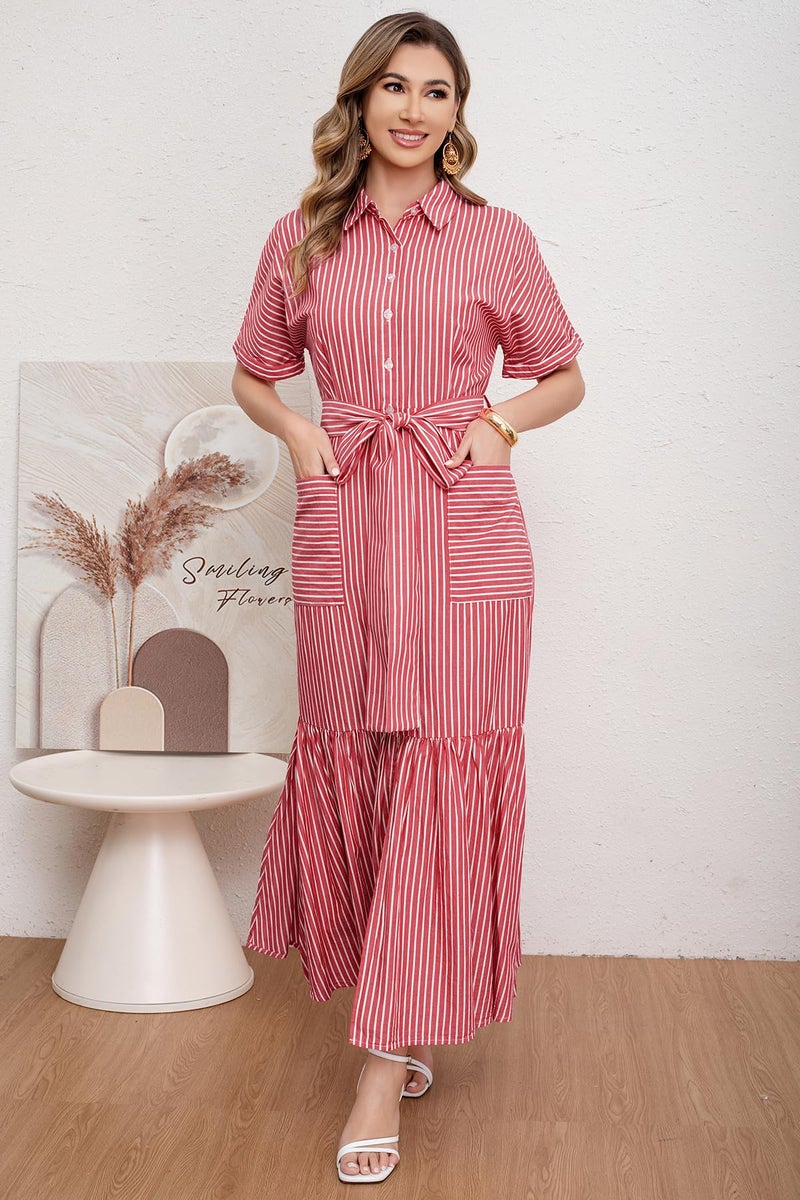 utcoco Women's 2025 Summer Casual Striped Button Down Maxi Dress Tie Waist Short Sleeve Shirt Dress with Pockets (Large, Red) - Image 5