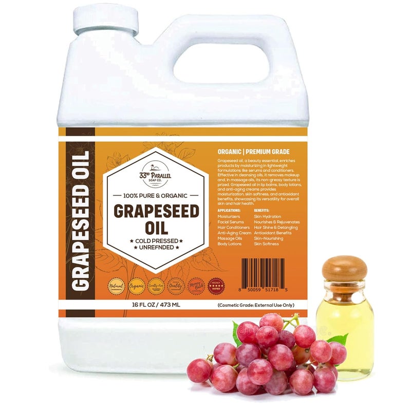 33RD PARALLEL SOAP CO. ORGANIC GRAPESEED OIL 16 oz Cold Pressed Unrefined  100 Pure Natural NonGMO  Available in Bulk  Skin Hair Face Carrier for Essential Oils Soap Making  16 FL OZ 