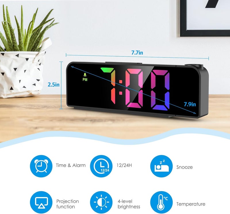AMIR Bedroom Ceiling Projection Alarm Clock - 7.9" LED Display with Adjustable Brightness, 12/24 Hour Format, USB Charging, Snooze Feature, Night Mode, Projection Alarm Clock for Kids, Elderly - Image 2