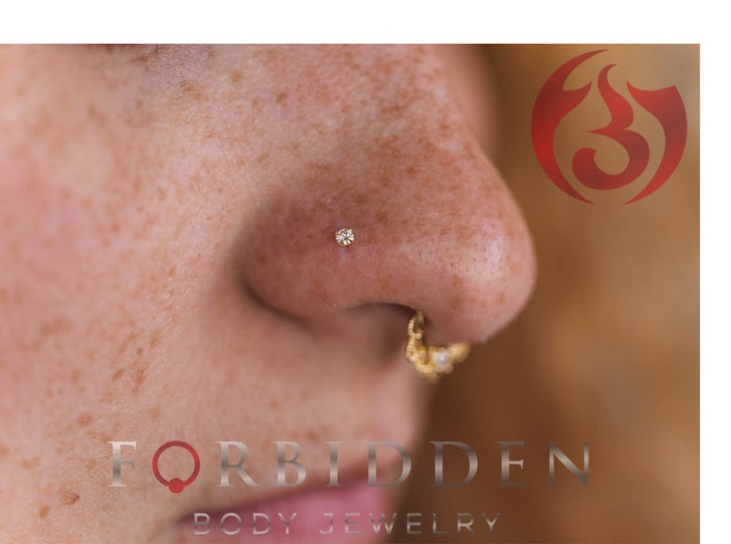 Forbidden Body Jewelry FBJ 14k Rose Gold Nose Ring, 22g, Solid 7mm Micro Stud, 1.25mm CZ Simulated Diamond, Non-Irritating Skin Safe Real Gold, Women/Men (Sold Individually) - Image 3