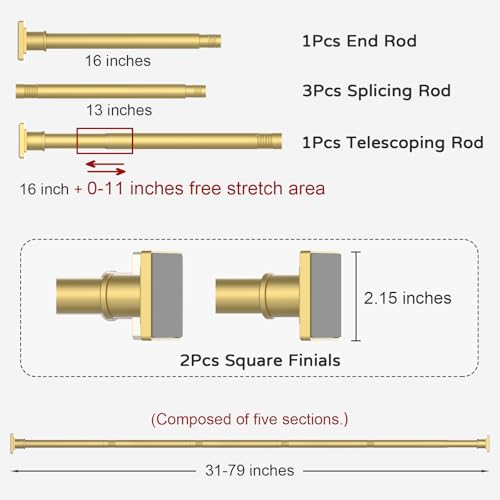 UIOSANRT Gold Shower Curtain Rod 31-79 Inches Non-Slip Shower Rod Tension Mounted No Drill Shower Curtain Rods Spring Tension Rod Adjustable Tension Curtain Rod for Windows Bathroom - Image 5
