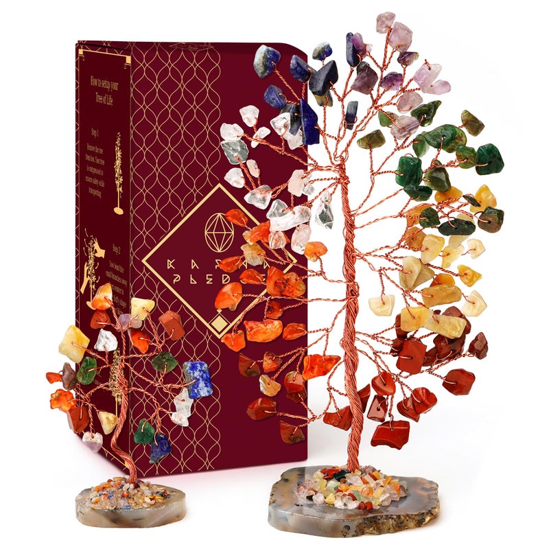 KARMAPLEDGE Set of 2 Crystal Trees Unique Birthday Gifts for Women Mom Dad Slice Base Handmade Reiki Healing Stones for Home Office Desk Decor Bring Money Positivity Spiritual Good Luck Gifts - Image 2