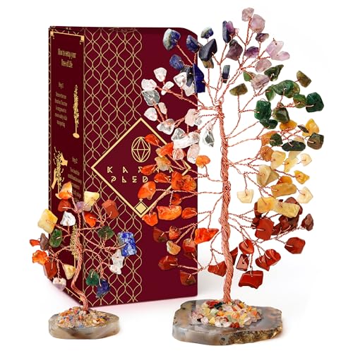 KARMAPLEDGE Set of 2 Crystal Trees Unique Birthday Gifts for Women Mom Dad Slice Base Handmade Reiki Healing Stones for Home Office Desk Decor Bring Money Positivity Spiritual Good Luck Gifts - Image 1