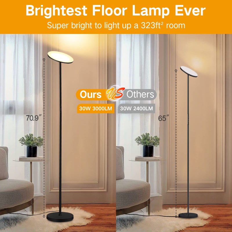 OUTON Floor Lamp, 30W/3000LM LED Modern Torchiere Sky Lamp, Super Bright Dimmable Standing Tall Lamp with 4 Color Temperatures, Remote Touch Control, 1 Hour Timer for Living Room Bedroom Office, Black - Image 5
