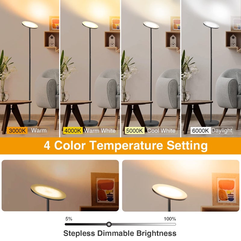 OUTON Floor Lamp, 30W/3000LM LED Modern Torchiere Sky Lamp, Super Bright Dimmable Standing Tall Lamp with 4 Color Temperatures, Remote Touch Control, 1 Hour Timer for Living Room Bedroom Office, Black - Image 2