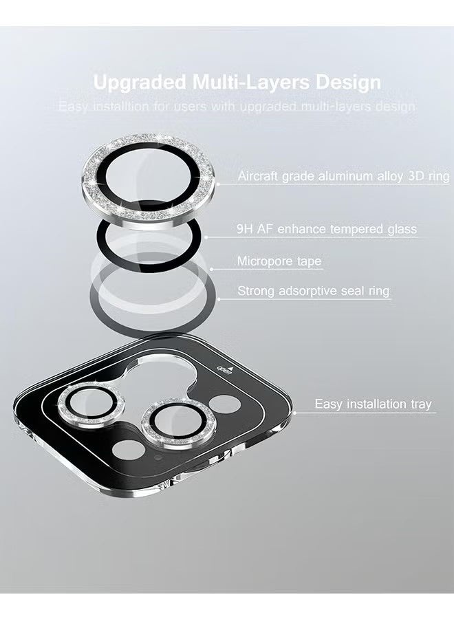 Camera Lens Protector for iPhone 15 Pro/Pro Max, 9H Tempered Glass Metal Individual Ring Cover, Glitter Bling Screen Camera Cover (Silver) - Image 2