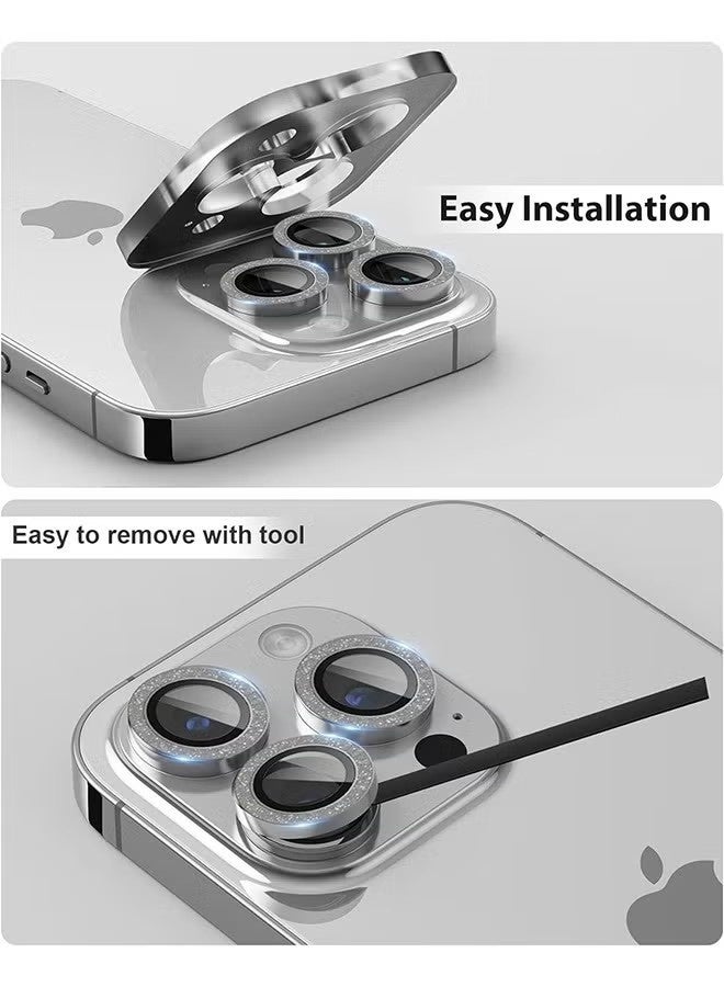 Camera Lens Protector for iPhone 15 Pro/Pro Max, 9H Tempered Glass Metal Individual Ring Cover, Glitter Bling Screen Camera Cover (Silver) - Image 3