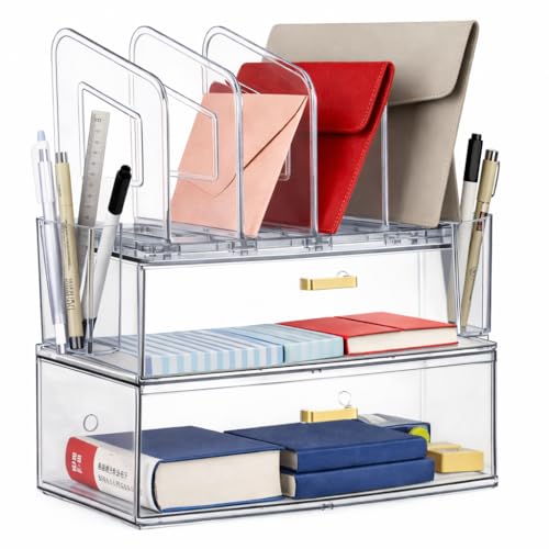 LALOBLUE Acrylic Desk Organizer with Drawer, Office Supplies,Organization Storage, 2 PC Drawer Organizer with 4 File Sorter, Desk Organizers and Accessories, Clear Acrylic File Organizer - Image 1