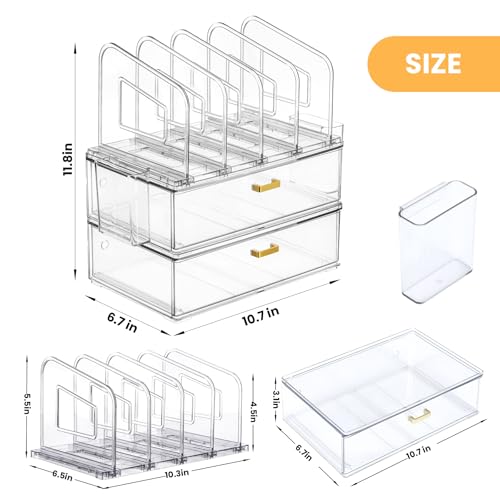 LALOBLUE Acrylic Desk Organizer with Drawer, Office Supplies,Organization Storage, 2 PC Drawer Organizer with 4 File Sorter, Desk Organizers and Accessories, Clear Acrylic File Organizer - Image 2