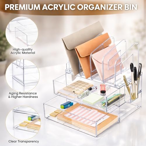 LALOBLUE Acrylic Desk Organizer with Drawer, Office Supplies,Organization Storage, 2 PC Drawer Organizer with 4 File Sorter, Desk Organizers and Accessories, Clear Acrylic File Organizer - Image 5