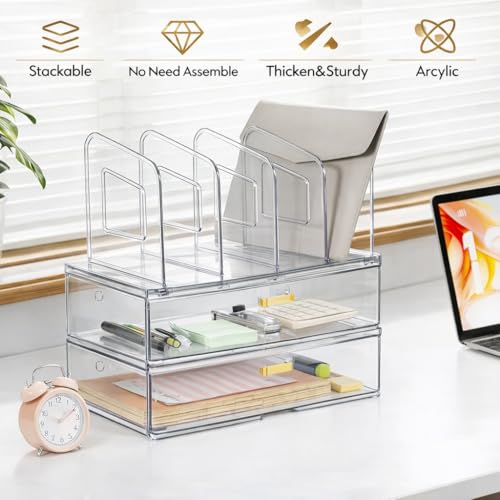 LALOBLUE Acrylic Desk Organizer with Drawer, Office Supplies,Organization Storage, 2 PC Drawer Organizer with 4 File Sorter, Desk Organizers and Accessories, Clear Acrylic File Organizer - Image 3