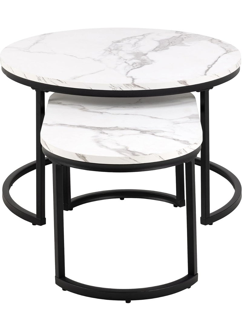 DubaiGallery Tempered Glass Nesting Coffee Table Modern Faux Marble Finish Set of 2 One Round and One Oval Side Tea Tables with Golden Steel Base Space Saving Design Durable 3mm Tempered Glass Tabletop Waterproof and Scratch-Resistant Perfect for Home Living Room Bedroom Outdoor Garden Patio or Small Spaces Versatile End Table, Sofa Side, Center Table Bedside Tables Stackable Accent Table - Image 3