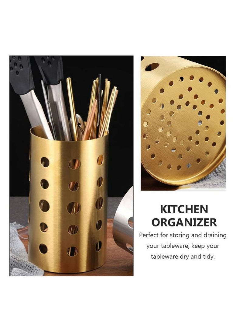 NIBEMINENT Stainless Steel Cylinder Chopstick Holder, Cutlery Rack Stand Spoon Fork Storage Clothes Caddy Basket Cookware Gold - Image 2