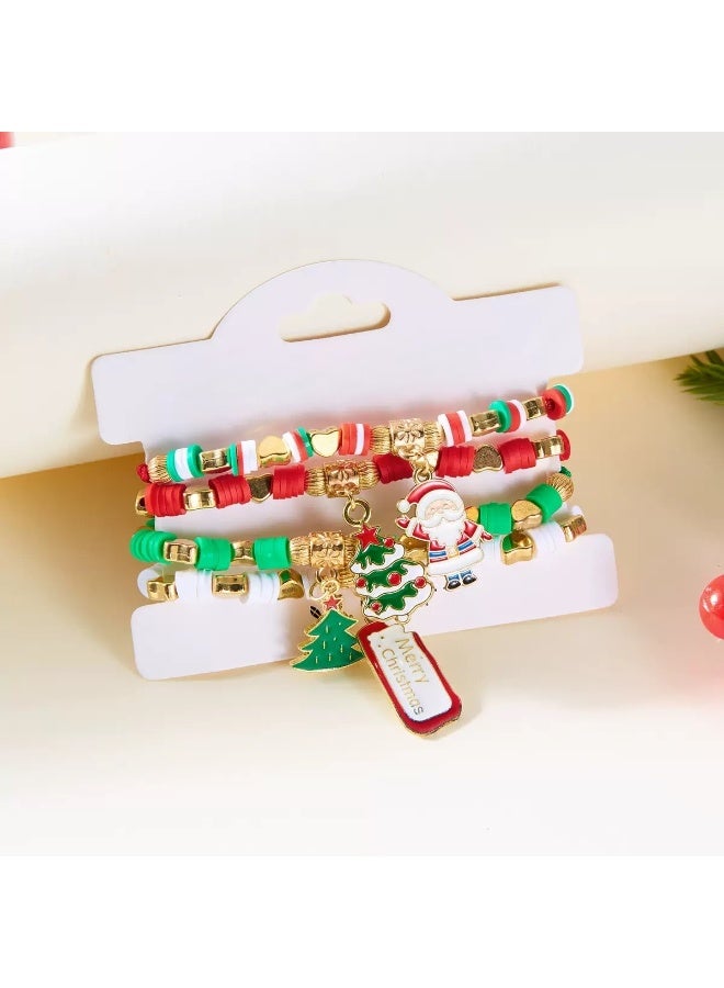 "4pcs Christmas Beaded Bracelet Set – Santa Claus, Christmas Tree & Holiday Charm Bracelets – Cute Soft Clay Jewelry for Gifts & Party Favors" - Image 4