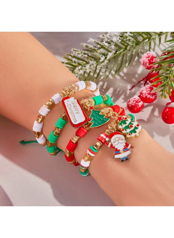 "4pcs Christmas Beaded Bracelet Set – Santa Claus, Christmas Tree & Holiday Charm Bracelets – Cute Soft Clay Jewelry for Gifts & Party Favors" - Image 2