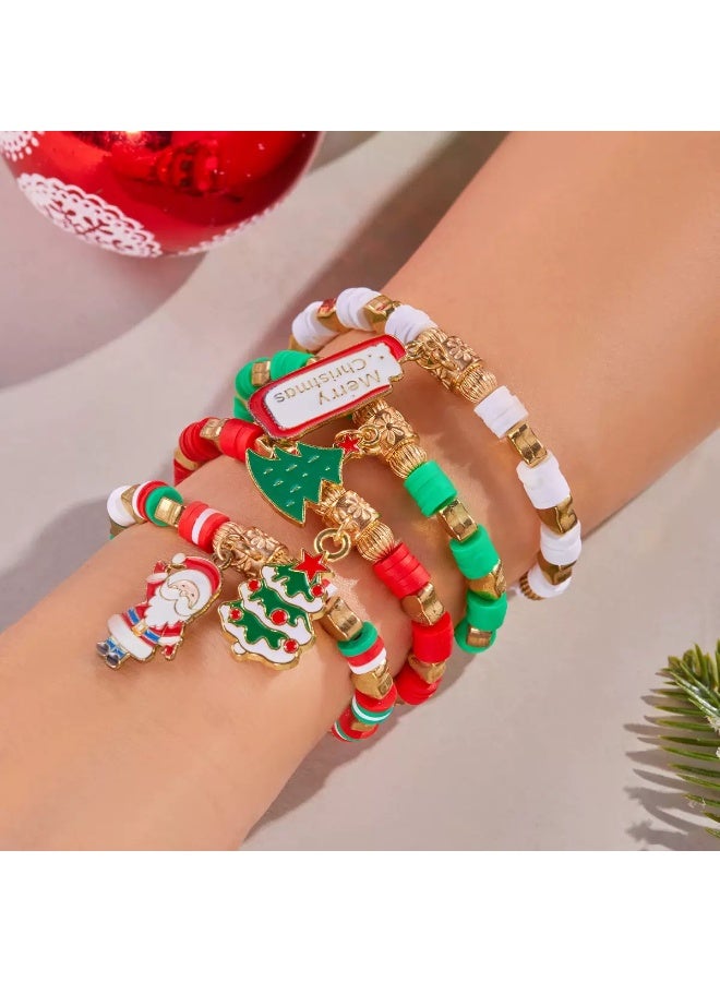"4pcs Christmas Beaded Bracelet Set – Santa Claus, Christmas Tree & Holiday Charm Bracelets – Cute Soft Clay Jewelry for Gifts & Party Favors" - Image 3