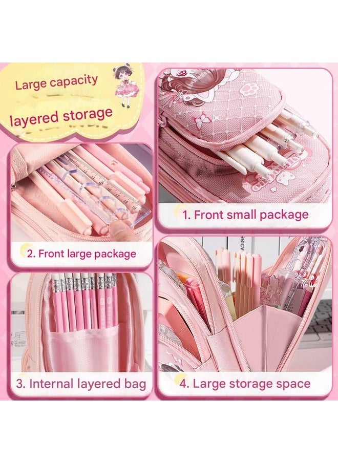 Prime Deals - PRIME DEALS Canvas Premium Pencil Case Hang able 6 Layer with 3 Compartment Cute Aesthetic Pencil Case for Girls Large Capacity Pencil Pouch for Kids Cute Stationary Gift for Kids (Girl Pink) - Image 1