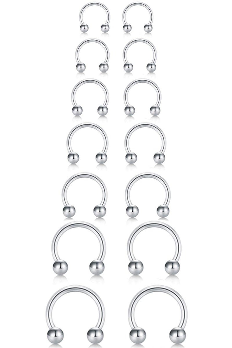 Earmark 18G Horseshoe Septum Nose Nostril Ring Hoop, 7 Pairs Circular Curved Barbell Externally Threaded, Silver Small Body Piercing Jewelry Set for Lip Eyebrow Nipple Belly labret Daith Tragus Helix Cartilage Rook Multiple Piercing Smiley ( Ball 6MM - 14MM) - Image 1