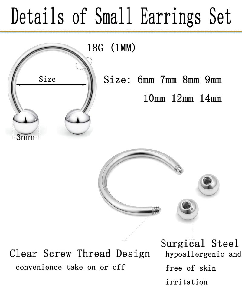 Earmark 18G Horseshoe Septum Nose Nostril Ring Hoop, 7 Pairs Circular Curved Barbell Externally Threaded, Silver Small Body Piercing Jewelry Set for Lip Eyebrow Nipple Belly labret Daith Tragus Helix Cartilage Rook Multiple Piercing Smiley ( Ball 6MM - 14MM) - Image 4