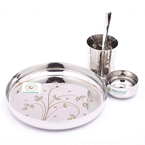 Coconut Stainless Steel Kids Laser Dinner Set (1-Plate,1-Glass, 1-Bowl & 1- Spoon) 4 Pieces - Silver, Diameter - 7.5 Inches - Image 3