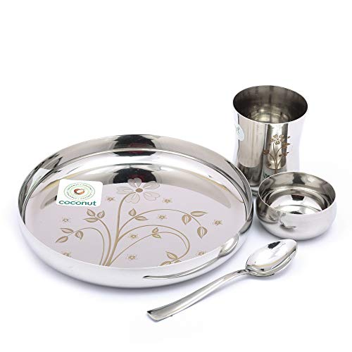 Coconut Stainless Steel Kids Laser Dinner Set (1-Plate,1-Glass, 1-Bowl & 1- Spoon) 4 Pieces - Silver, Diameter - 7.5 Inches - Image 1
