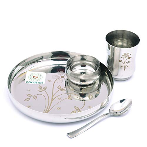 Coconut Stainless Steel Kids Laser Dinner Set (1-Plate,1-Glass, 1-Bowl & 1- Spoon) 4 Pieces - Silver, Diameter - 7.5 Inches - Image 2