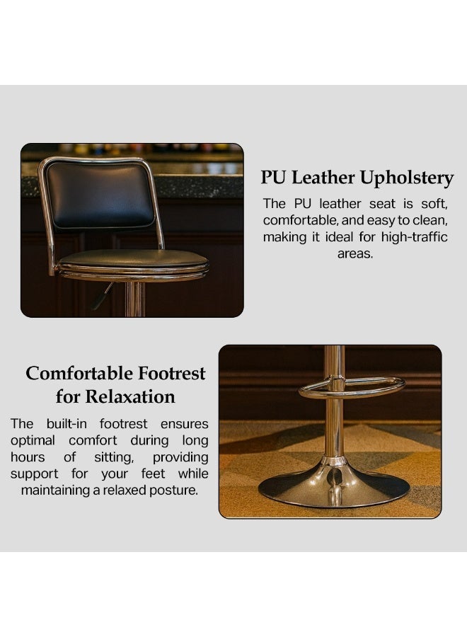Multi Home Furniture Black Bar Stool Chair with Steel Base | Adjustable Height Bar Chair | PU Leather Bar Stool Chair for Kitchen Island, Bar Counter, Comfortable Footrest & 360° Swivel Chair - Image 3