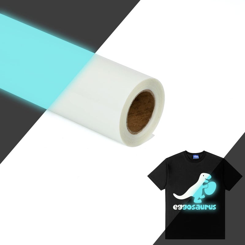 HTVVETUR Glow in The Dark HTV Heat Transfer Vinyl Roll 12 Inch by 5 Feet Iron on DIY for TShirt PU Stretch Elastic HTV Vinyl Dark in Glow Light Blue 5FT