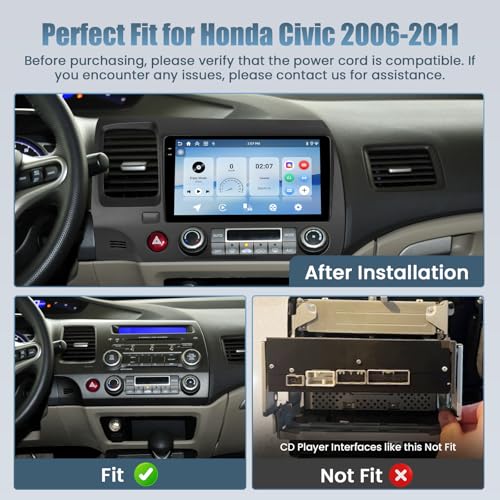 Roinvou 4+64G Android 15 Radio for Honda Civic 2006-2011, 9" Touchscreen for Civic Car Stereo, Wireless CarPlay/Android Auto, 5GHz WiFi, Bluetooth 5.0, EQ, GPS Navigation, 1280 * 720, Backup Camera - Image 2