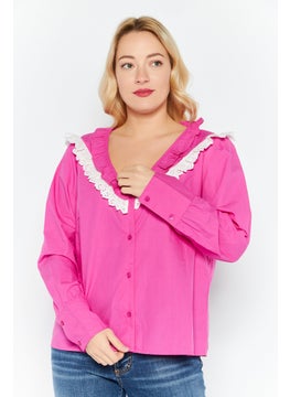 ONLY Women V Neck Long Sleeves Textured Shirt, Pink  - Image 1
