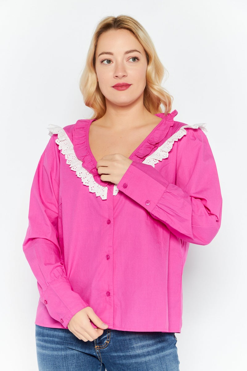 ONLY قميص نسائي بأكمام طويلة على شكل حرف V، مزخرف، وردي - Image 1