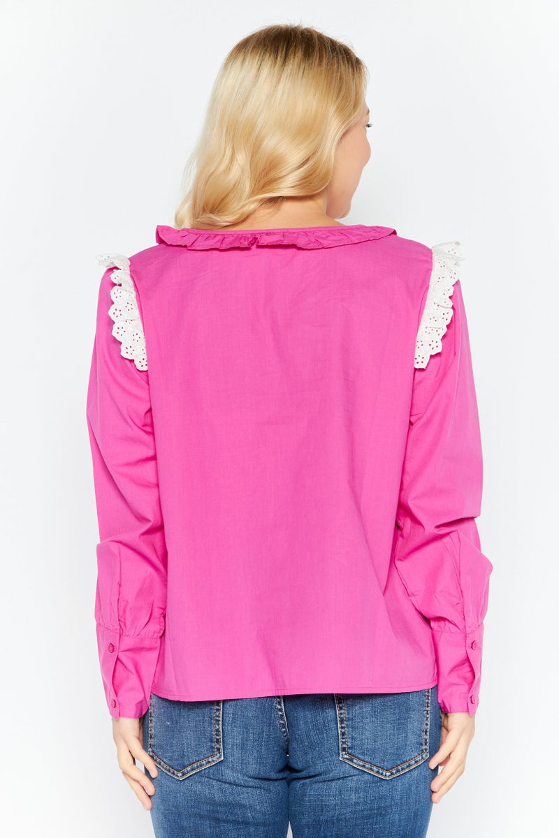 ONLY قميص نسائي بأكمام طويلة على شكل حرف V، مزخرف، وردي - Image 4