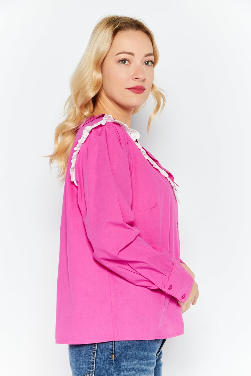 ONLY قميص نسائي بأكمام طويلة على شكل حرف V، مزخرف، وردي - Image 2