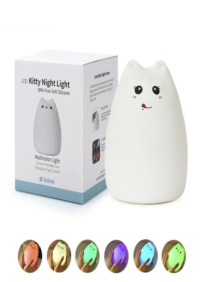 GoLine Tap Control , Naughty Cat : GoLine Cute Kitty LED Children Night Light, Multicolor Silicone Soft Baby Nursery Lamp, Sensitive Tap Control, Warm White & 7-Color Breathing Dual Light Modes, 12-hour Portable Usage.(NL005) - Image 1