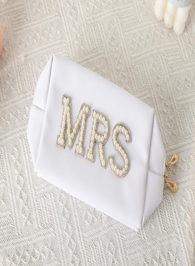 owiter Mrs Cosmetic Large Bag - White Patch Varsity Letter MRS Toiletry Big Bag Pearl Rhinestone Letter Patches Big Makeup PU CB002 (white) - Image 2
