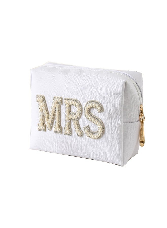 owiter Mrs Cosmetic Large Bag - White Patch Varsity Letter MRS Toiletry Big Bag Pearl Rhinestone Letter Patches Big Makeup PU CB002 (white) - Image 1