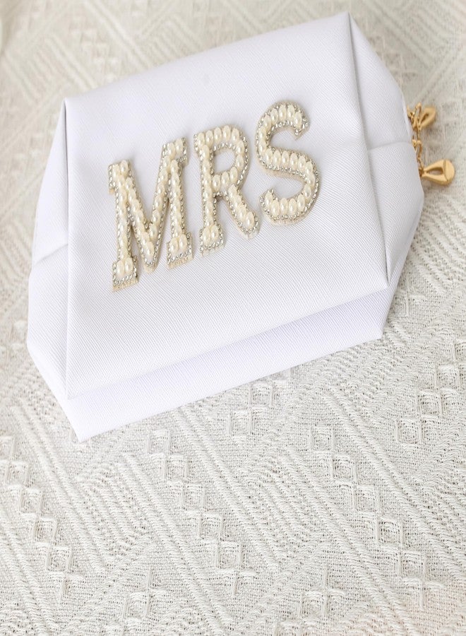 owiter Mrs Cosmetic Large Bag - White Patch Varsity Letter MRS Toiletry Big Bag Pearl Rhinestone Letter Patches Big Makeup PU CB002 (white) - Image 3
