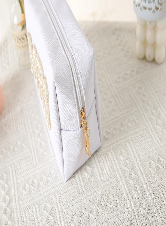 owiter Mrs Cosmetic Large Bag - White Patch Varsity Letter MRS Toiletry Big Bag Pearl Rhinestone Letter Patches Big Makeup PU CB002 (white) - Image 4