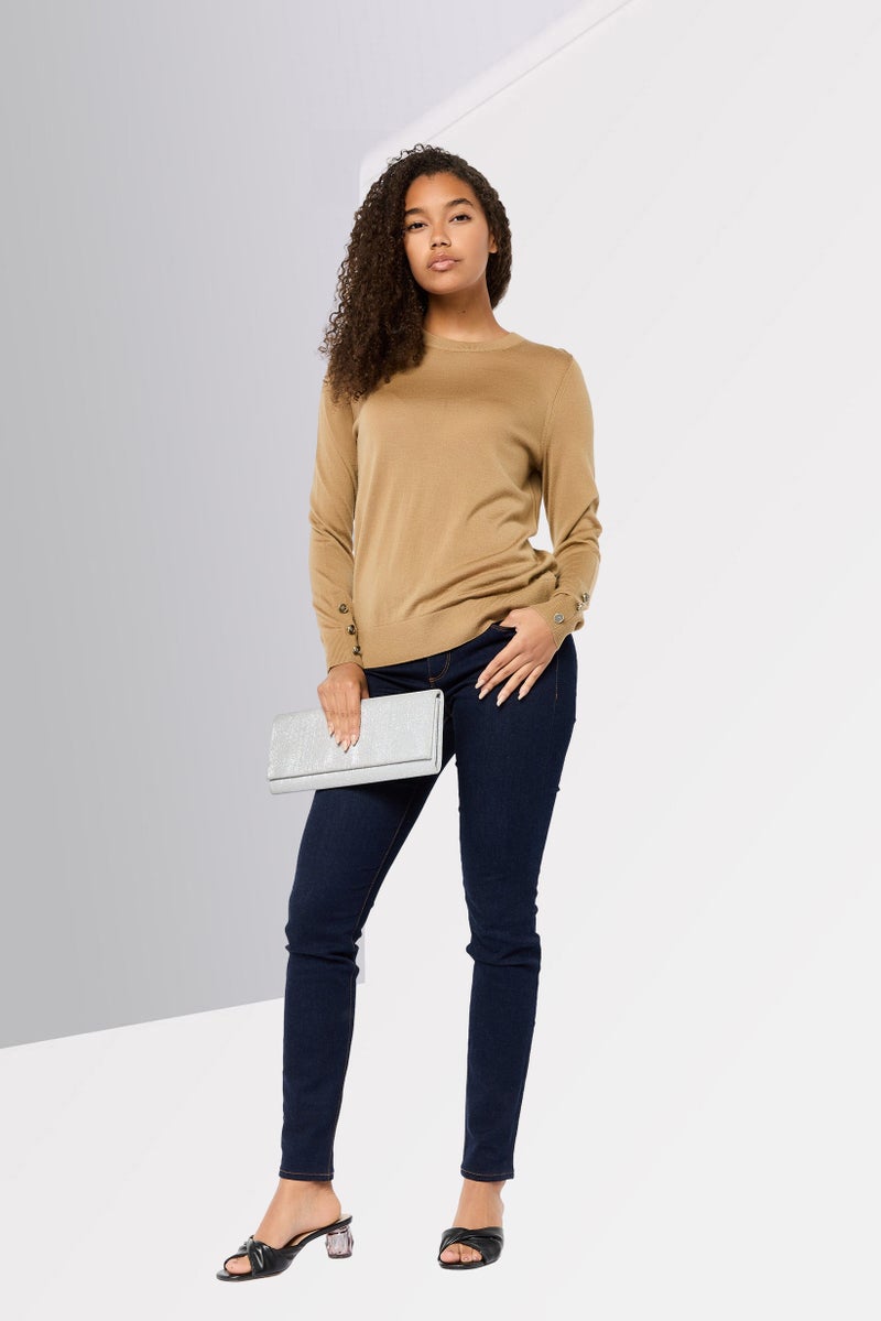 Women Crew Neck Long Sleeve Solid Sweater, Tan