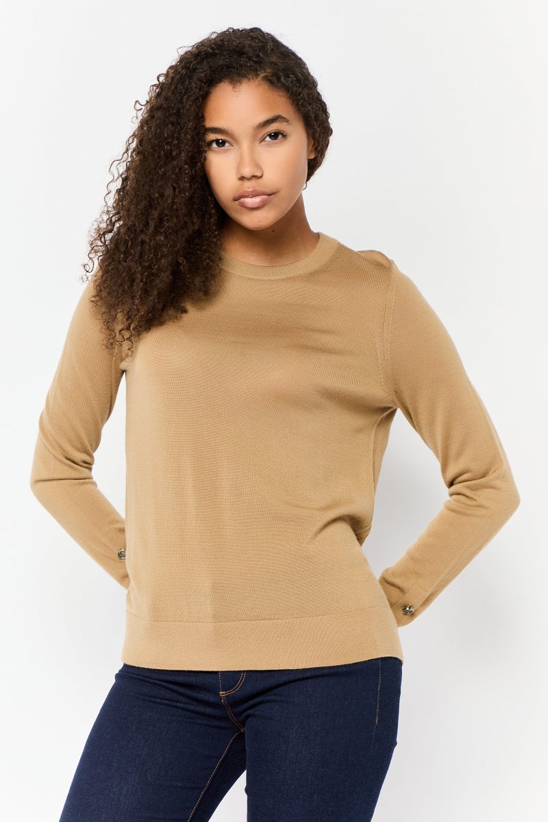 Women Crew Neck Long Sleeve Solid Sweater, Tan
