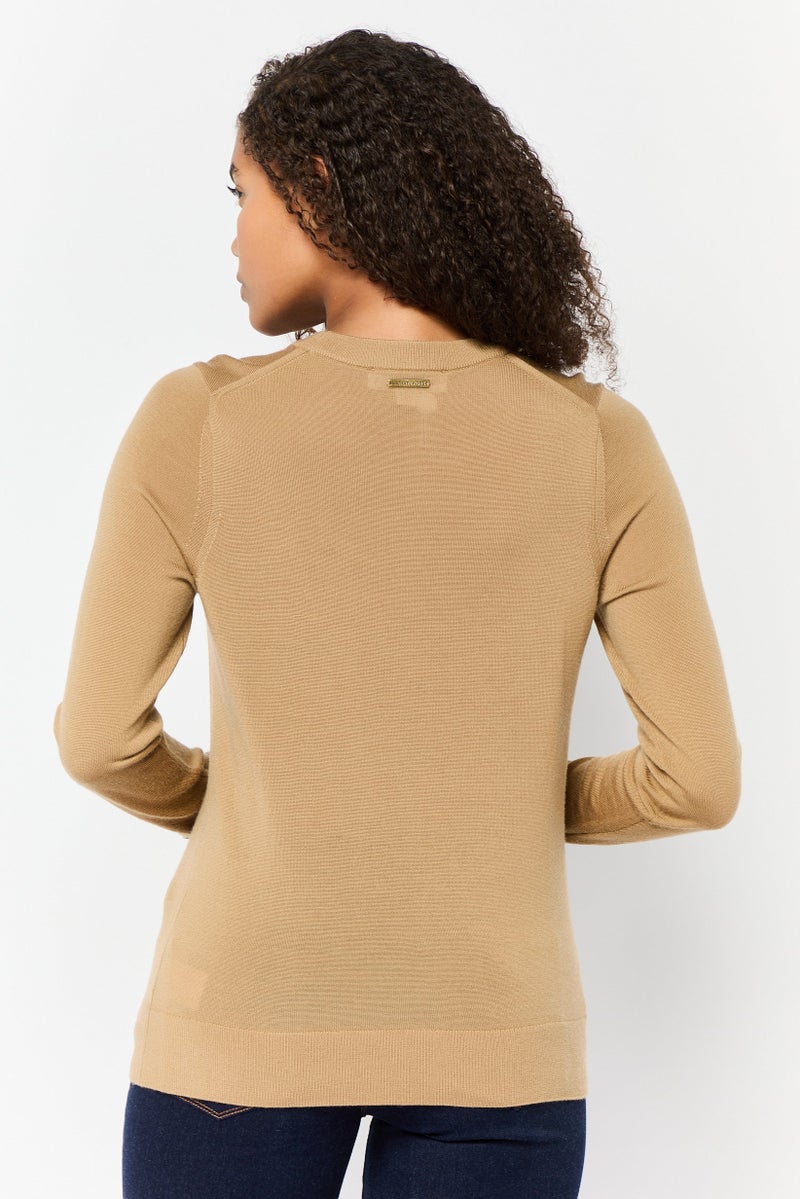 Women Crew Neck Long Sleeve Solid Sweater, Tan