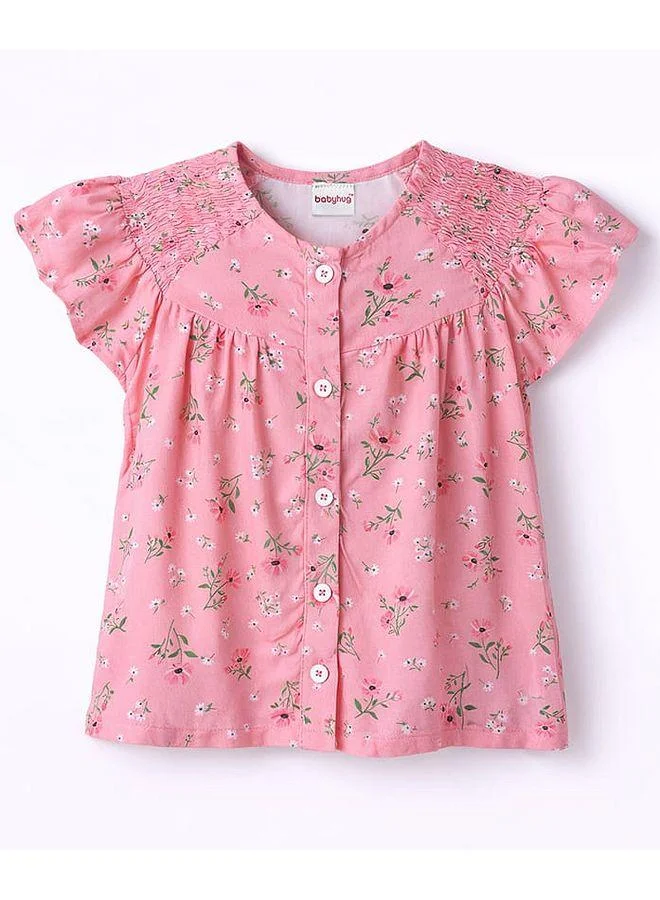 Babyhug Babyhug Single Jersey Knitted Top & Denim Shorts Set With Floral Print - Pink & Blue