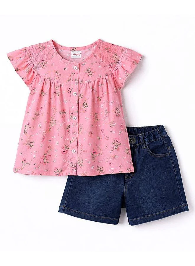 Babyhug Babyhug Single Jersey Knitted Top & Denim Shorts Set With Floral Print - Pink & Blue