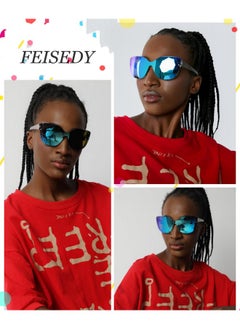 FEISEDY Cat Eye Sunglasses Polarized For Women Men，Rimless Mirrored Sunglasses Oversized Trendy Retro Sun Glasses B2796 Transparent Grey Blue Mirror  - Image 2