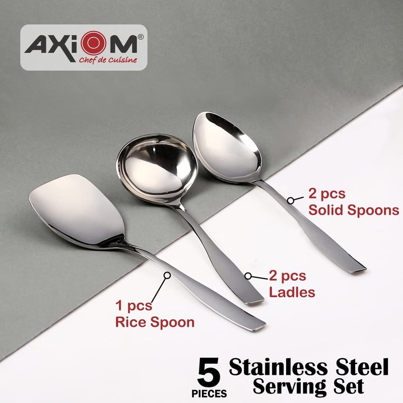 Axiom Axiom Serving Spoons Stainless Steel 5 Piece Heavy Gauge Non-Stick Set of 2 Soup Ladle (Karchi), 2 Solid Spoon (Chamcha) and 1 Rice Spoon for Serving Soup/Curry/Dal/Rice/Pasta - 27 Cm - Image 2
